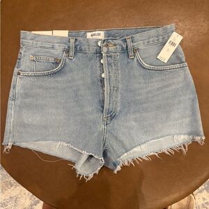 Agolde Light Blue Frayed Hem Jean Shorts